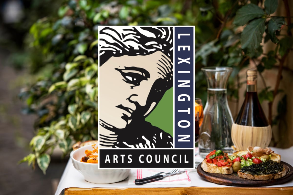 Lexington Arts Council logo overlaying table with Italian food and wine