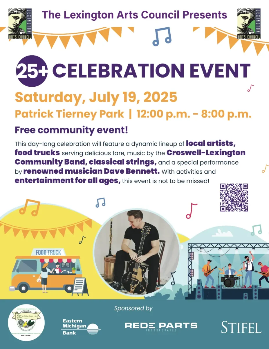 The Lexington Arts Council Presents 25+ Celebration Event; images of Dave Bennett; Illustrations of a food truck and concert on stage