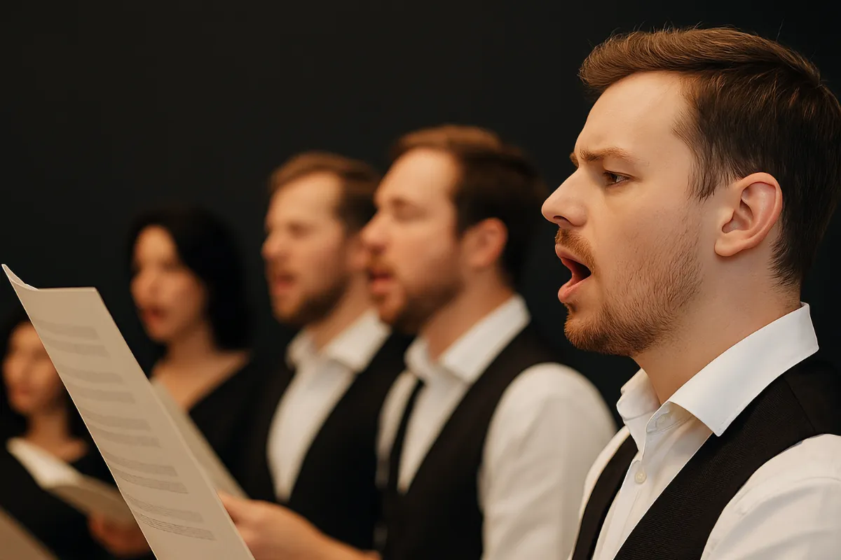 Choir singers holding sheet music and singing
