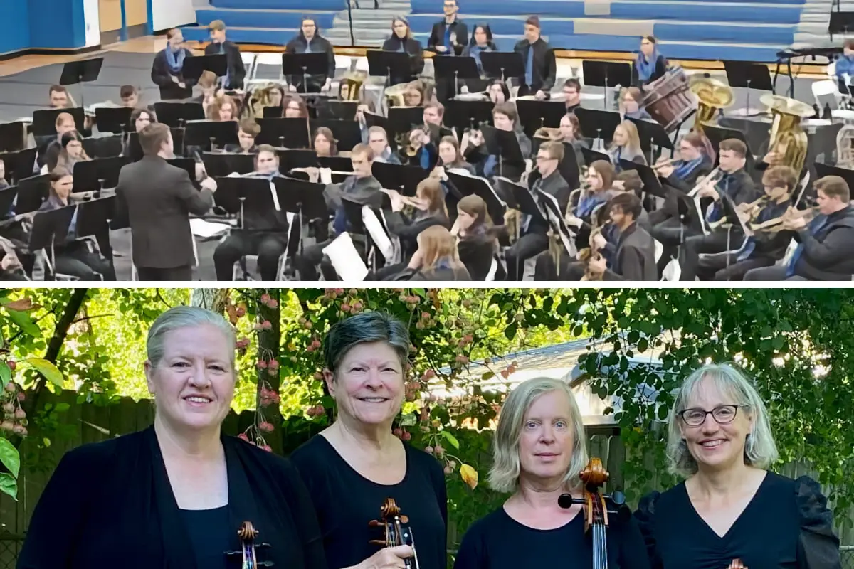 Two images collaged together; Croswell-Lexington High School Symphony Orchestra playing together around their conductor; a quartet of women dressed in black holding their respective string instruments